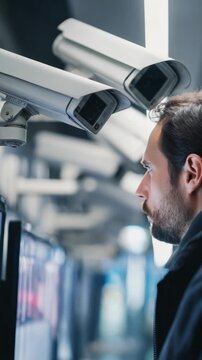 A man standing in front of multiple security cameras, looking intently at a screen.