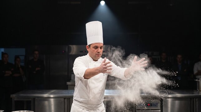 Chef throwing flour in a dark kitchen during cooking