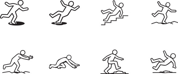 Fototapeta premium Man tripping icon set in bold and outline silhouette styles for warning, safety, hazard and risk design.