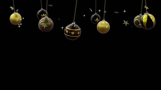 Hanging gold and black Christmas baubles with sparkling stars swinging on black background holiday animation loop