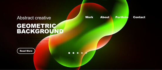 Naklejka premium Modern website design features vibrant abstract shapes, text overlays, navigation menu. Dark background enhances colorful elements.