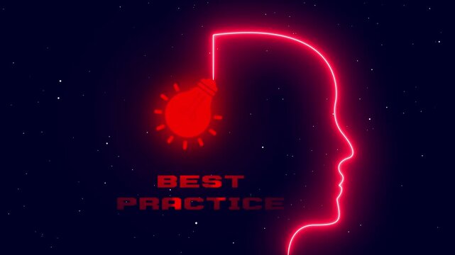 Best practice and excellence concept featuring glowing red neon head outline with illuminated light bulb on dark background