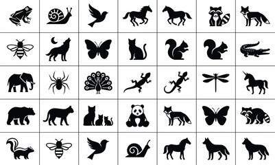 Obraz premium Black animal silhouettes icon set featuring wild and domestic animals birds insects and reptiles for web graphic design assets