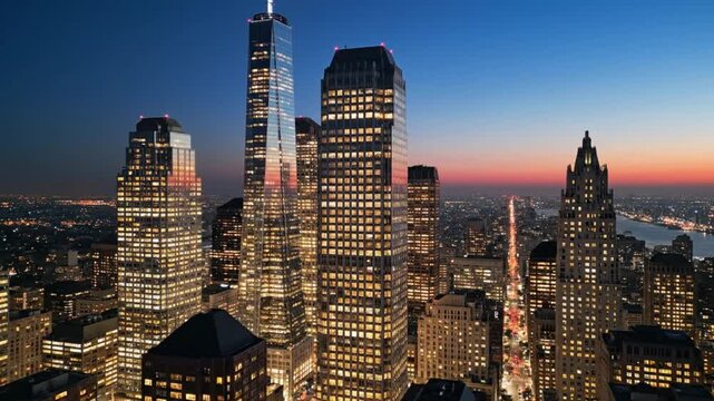 Evening skyline view over New York City illuminated by city lights during dusk with colorful sky backdrop
