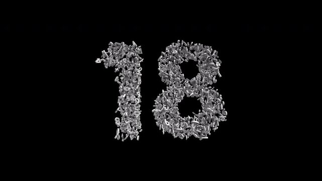 Number 18 Formed by Small Digits Animation with Alpha Channel. Typographic Number Formation Effect. Digital Number Made of Numbers. 3D Font Typographic Animation. Transparent BG