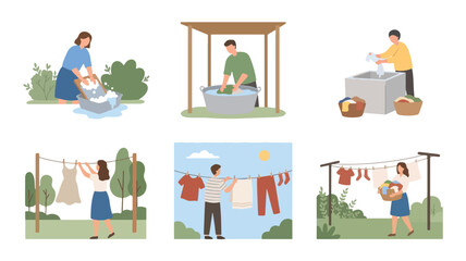Fototapeta premium People washing clothes by hand and hanging laundry outdoors set