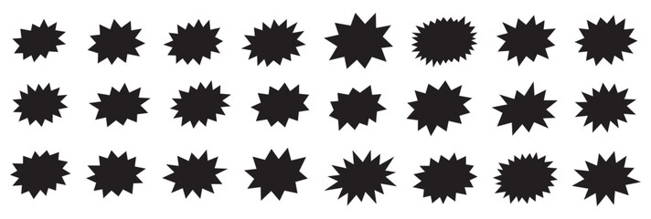 Starburst and price badge silhouette icon set. Black solid starburst speech bubbles, discount sticker, promo offer burst and sale tag shapes collection. © Maksim