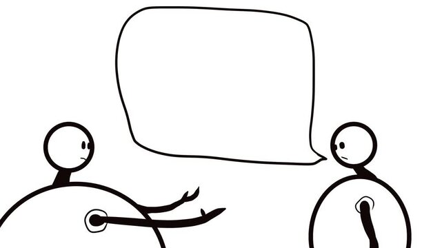 Two fat men or characters are talking about something. Dialogue bubbles appear next to the men one after the other.