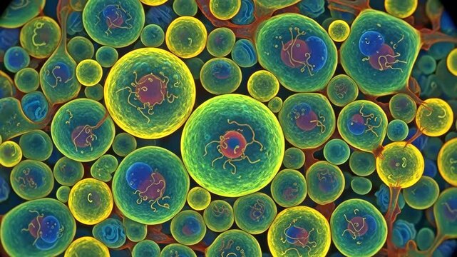 Vibrant microscopic view of diverse biological cells and microorganisms.