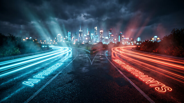 Futuristic city skyline at night with divided highway light trails representing ai progress and energy constraints as two divergent paths for technological advancement art.