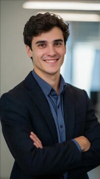 A young adult male wearing a suit with crossed arms and a friendly smile.