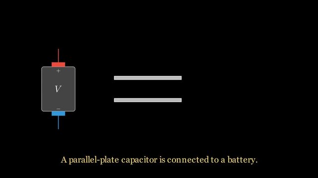 2D vector physics simulation showing electric field lines and charge accumulation between parallel capacitor plates connected to a DC battery