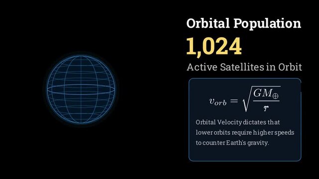2D vector animation of active satellites orbiting Earth in Low Earth Orbit, displaying communication beam trajectories, satellite constellations, and orbital pathways in a modern tech visualization