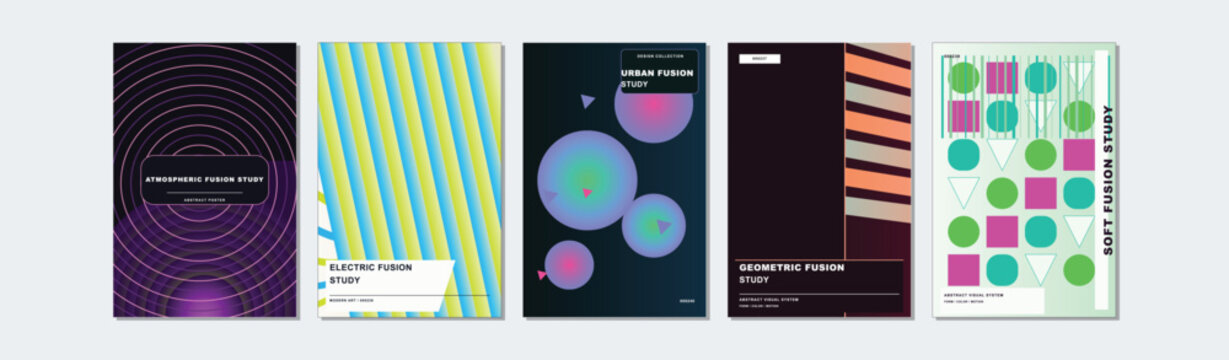 Set of five modern geometric poster designs with abstract patterns