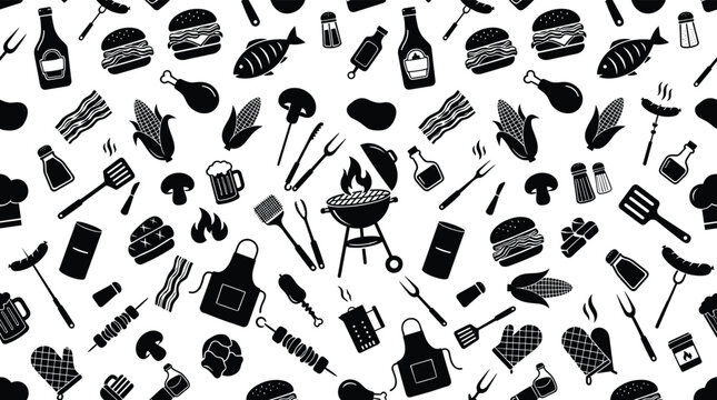 BBQ barbecue seamless pattern background vector illustration with grill food tools burger steak and sausage line icons
