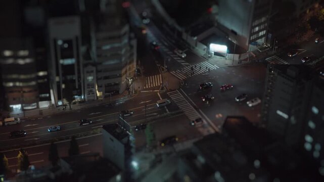 Miniature tilt-shift effect of tokyo traffic intersection at night