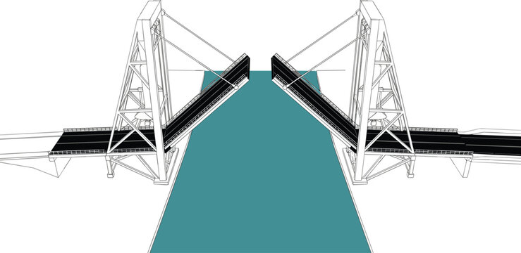 Bascule drawbridge opening vector illustration featuring architectural steel truss frame structure crossing over a river canal water channel