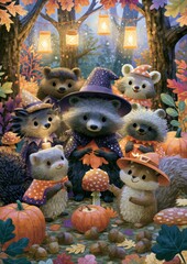 Fototapeta premium Celebrate Halloween with adorable forest friends in cozy costumes