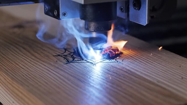 Laser engraving spiderweb design on wood with blue light and flames burning the surface during the creative process