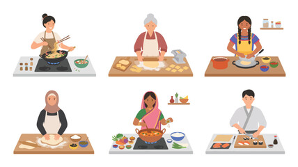 Fototapeta premium Diverse People Cooking Traditional Dishes from Different Cultures