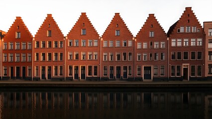 Obraz premium Row of narrow brick gabled houses with reflections, european canal charm