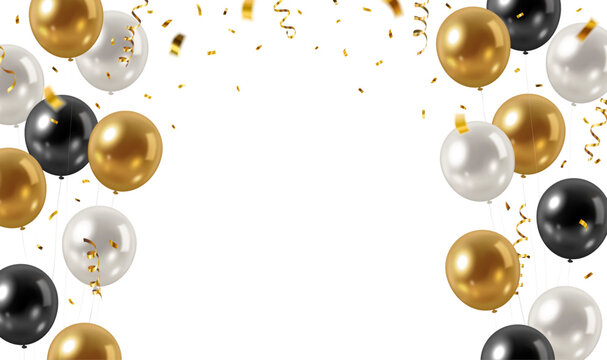 Vector decorative frame or border with metallic gold, white and black party balloons, falling confetti and streamers with space in the middle