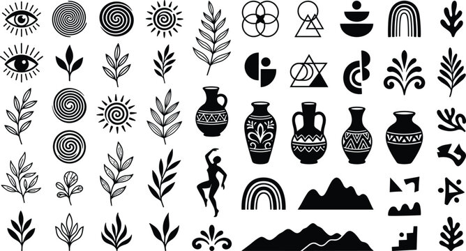 Ancient Greek mystic vector elements set featuring black linocut style vase silhouettes evil eye geometric symbols and botanical leaf icons.