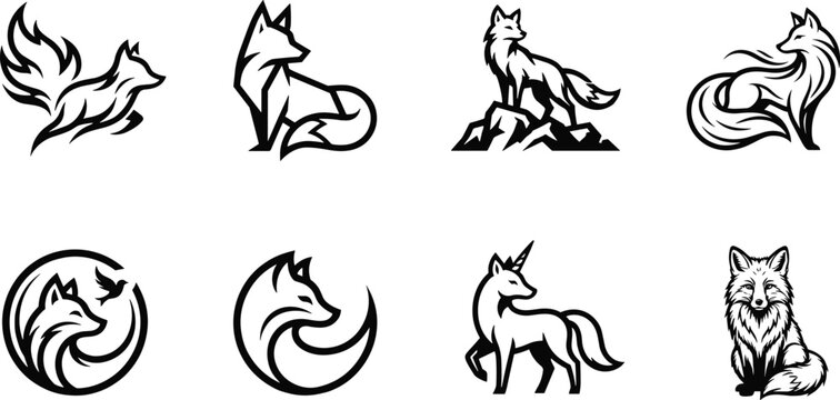 Abstract geometric fox mascot emblem badges collection with creative linear forest wildlife predators corporate identity brand design graphic elements