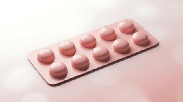 Pink pill blister pack with ten round medicine tablets for health and wellness