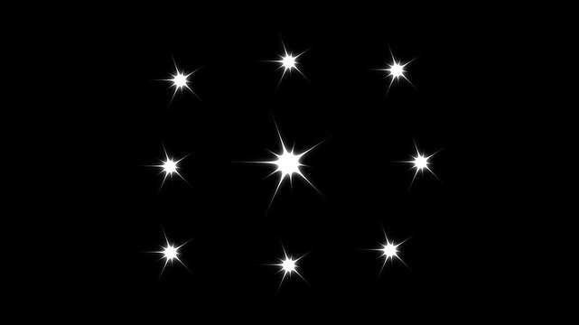 Magical white twinkle star animation with cartoon glitter sparkles, flat vector doodle glow, smooth blinking effects, black screen celebration background, 4k