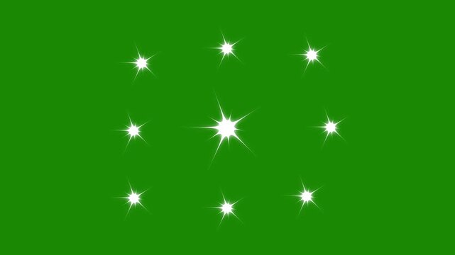 Magical white twinkle star animation with cartoon glitter sparkles, flat vector doodle glow, smooth blinking effects, green screen background, 4k
