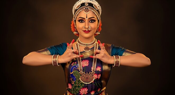 Indian classical dancer performing traditional mudra gesture in blue saree