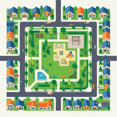 Naklejka premium Isometric Aerial View of Suburban Neighborhood with Central Park and Playground