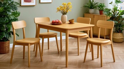 Fototapeta premium Modern Dining Room with Wooden Table and Chairs Surrounded by Indoor Plants and Decor in Bright Natural Lighting