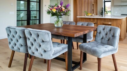 Fototapeta premium Elegant dining room with modern wooden table and plush tufted chairs complemented by a vibrant floral arrangement in a stylish interior