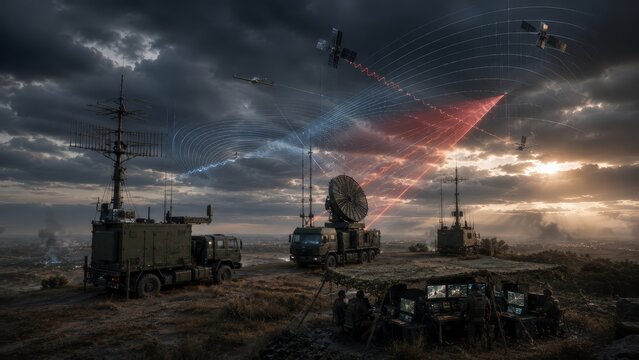 Mobile air defense radar network on a storm dusk battlefield with antenna trucks, command operators and electronic tracking beams engaging drones and aircraft overhead