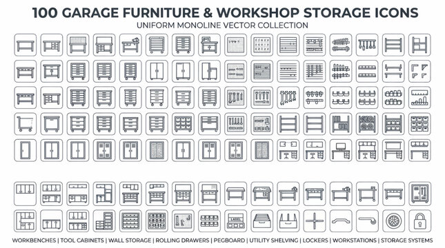 100 garage furniture and workshop storage icons collection