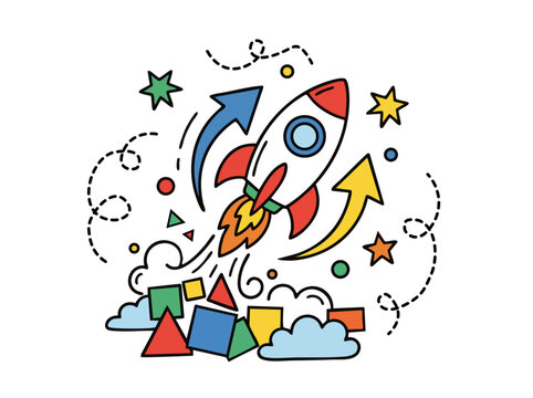 Rocket launch concept vector illustration with abstract doodle arrows, stars and geometric shapes