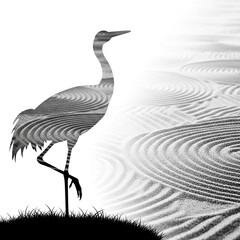 Obraz premium Black and White Crane Standing Near Rippled Water With Grassy Foreground