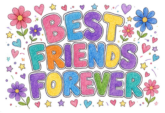 Colorful best friends forever handwritten text with flowers stars and hearts illustration design