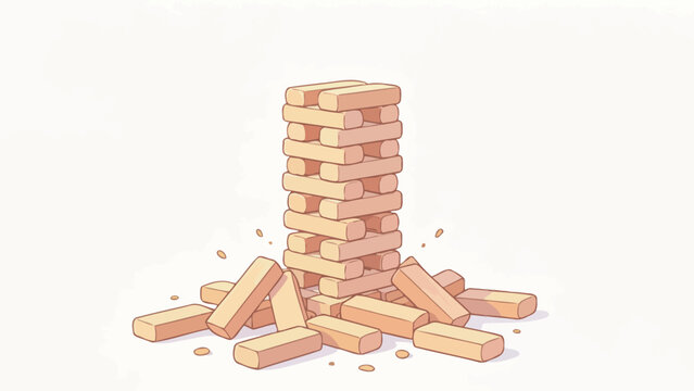 Wooden Building Blocks Tower Collapsing - Cartoon Illustration of Playful Construction Play