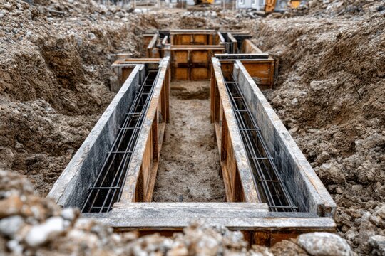 Structural concrete foundation engineering with iron rebar mesh