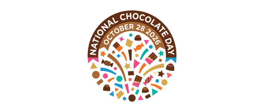 Vector celebration emblem with assorted chocolate candies and colorful confetti