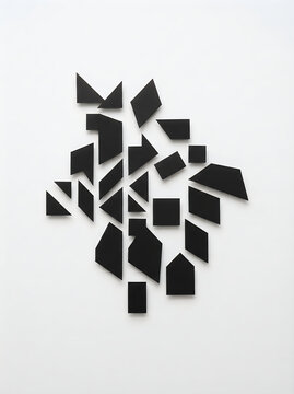 Minimalist black tangram puzzle pieces scattered on clean white surface with geometry minimalist background abstract