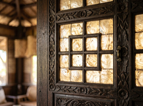 Traditional Carved Wooden Window Frame With Shell Panes