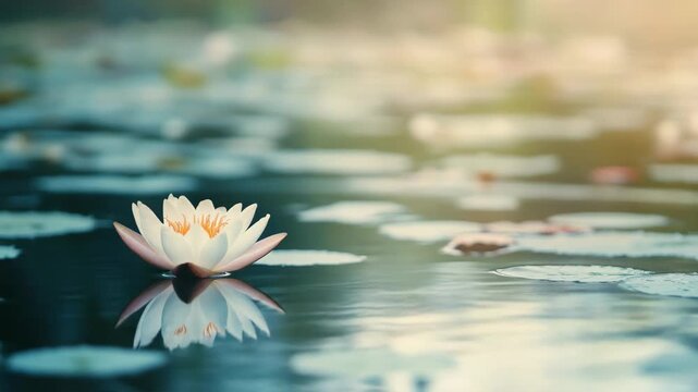 Serene water lily flower floating on a calm pond with soft morning sunlight, its perfect reflection creating a tranquil and peaceful zen-like atmosphere in a natural setting