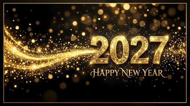 Sparkling happy new year 2027 golden glitter celebration with elegant typography and festive bokeh lights
