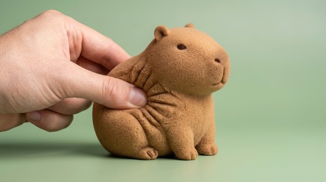 Hand squeezing brown squishy capybara toy. Soft foam animal figure for stress relief and sensory play. Antistress fidget item for child or adult relaxation isolated on green background.
