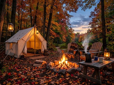 Cozy autumn camping scene with tent and campfire in a vibrant forest