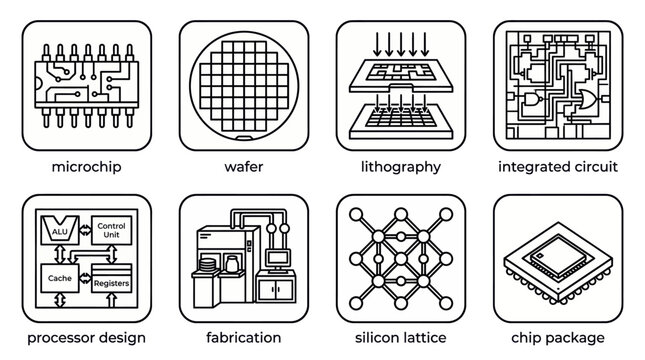 Set of semiconductor manufacturing and microchip icons